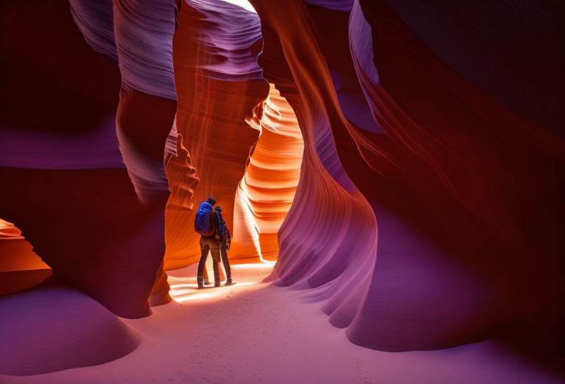 Person with backpack in narrow sandstone canyon with warm red and orange hues.