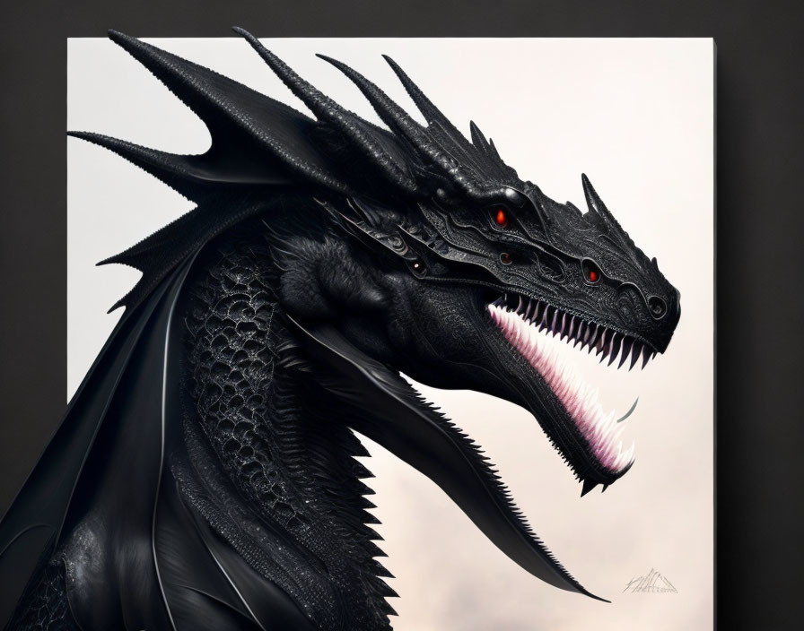 Detailed Black Dragon Illustration with Red Eyes, Elongated Horns, and Textured Skin