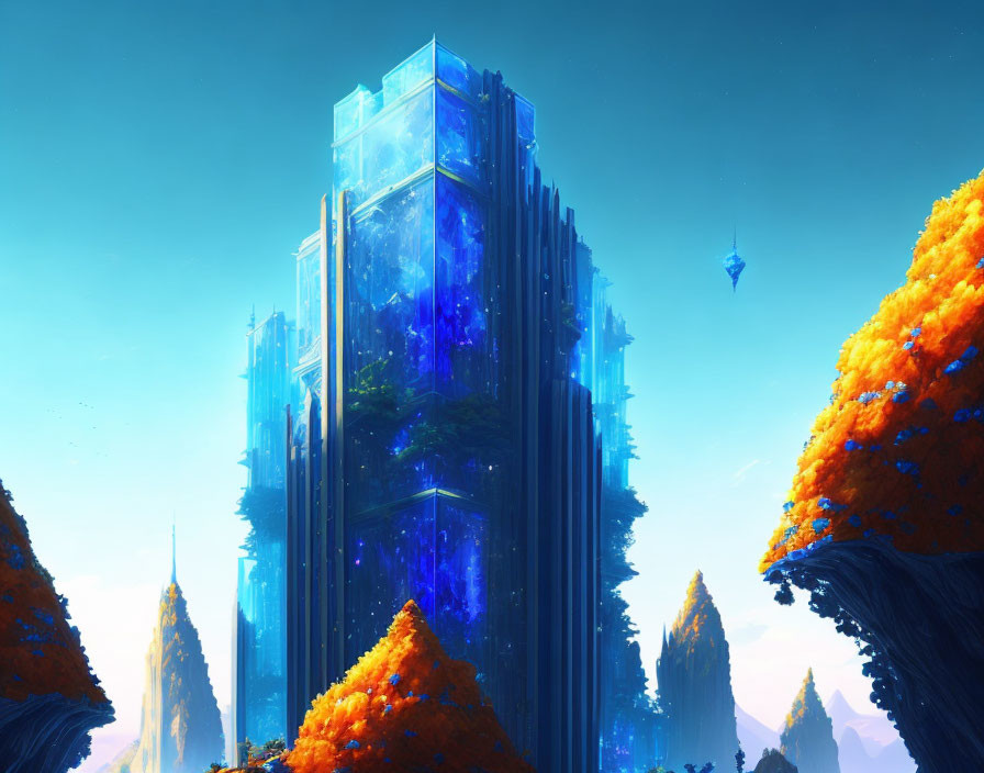 Futuristic crystalline skyscraper in vibrant orange foliage landscape