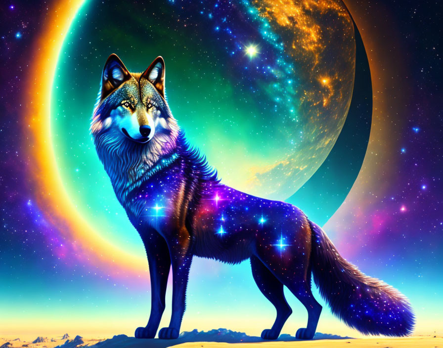 Cosmic wolf art with starry coat against galaxy backdrop