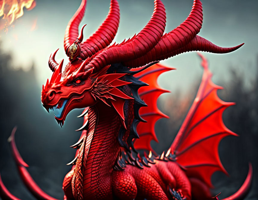 Detailed red dragon with large wings and horns breathing fire on blurred background