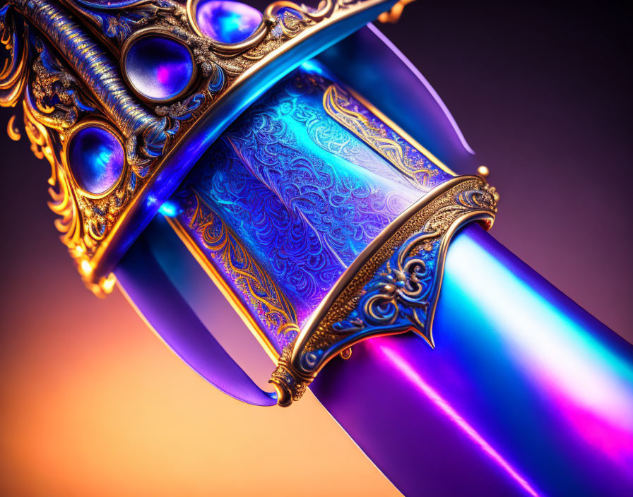 Jeweled golden hilt dagger with blue glowing blade on purple-orange gradient.