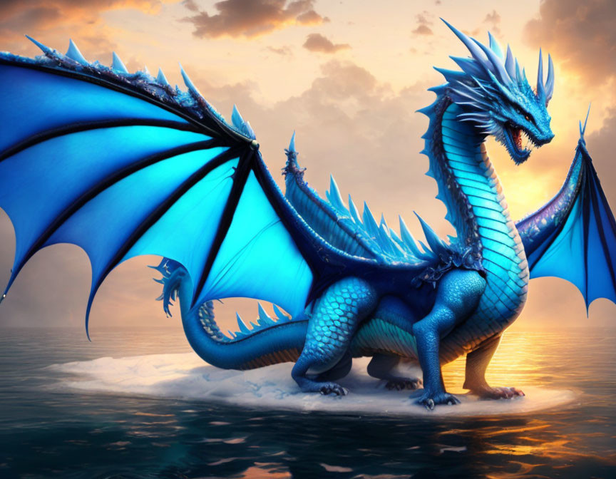 Blue dragon with expansive wings perched on tranquil sea at sunset