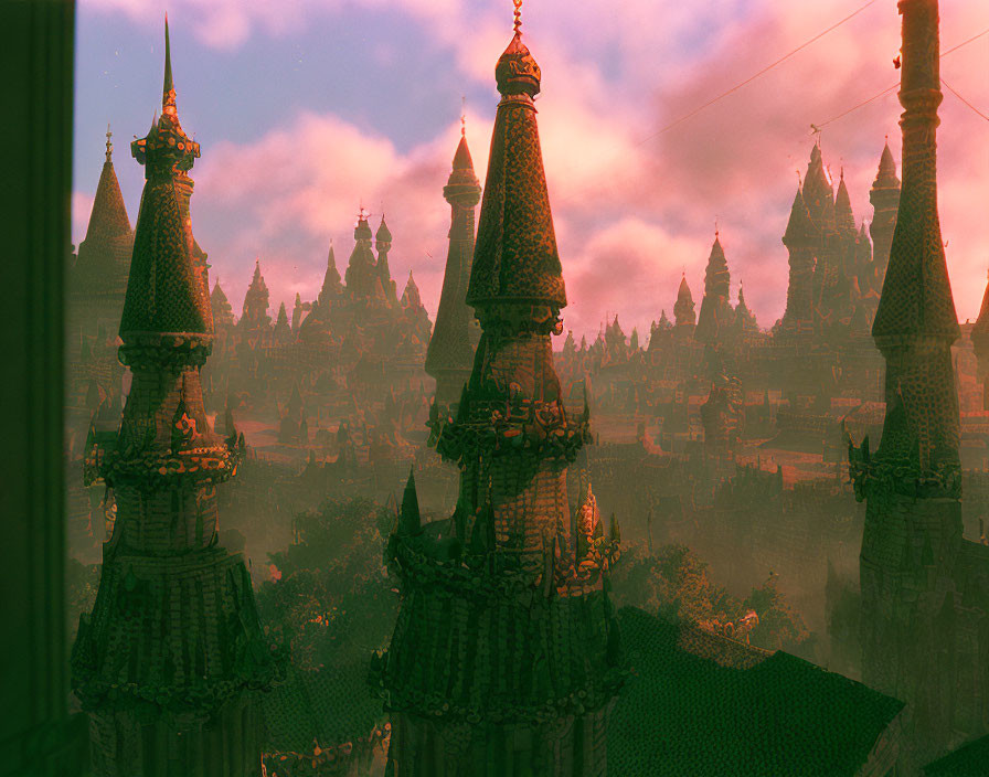 Traditional-style building with ornate spires against surreal pink and orange sky