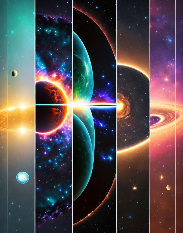 Colorful Celestial Collage of Planets, Stars, and Galaxies