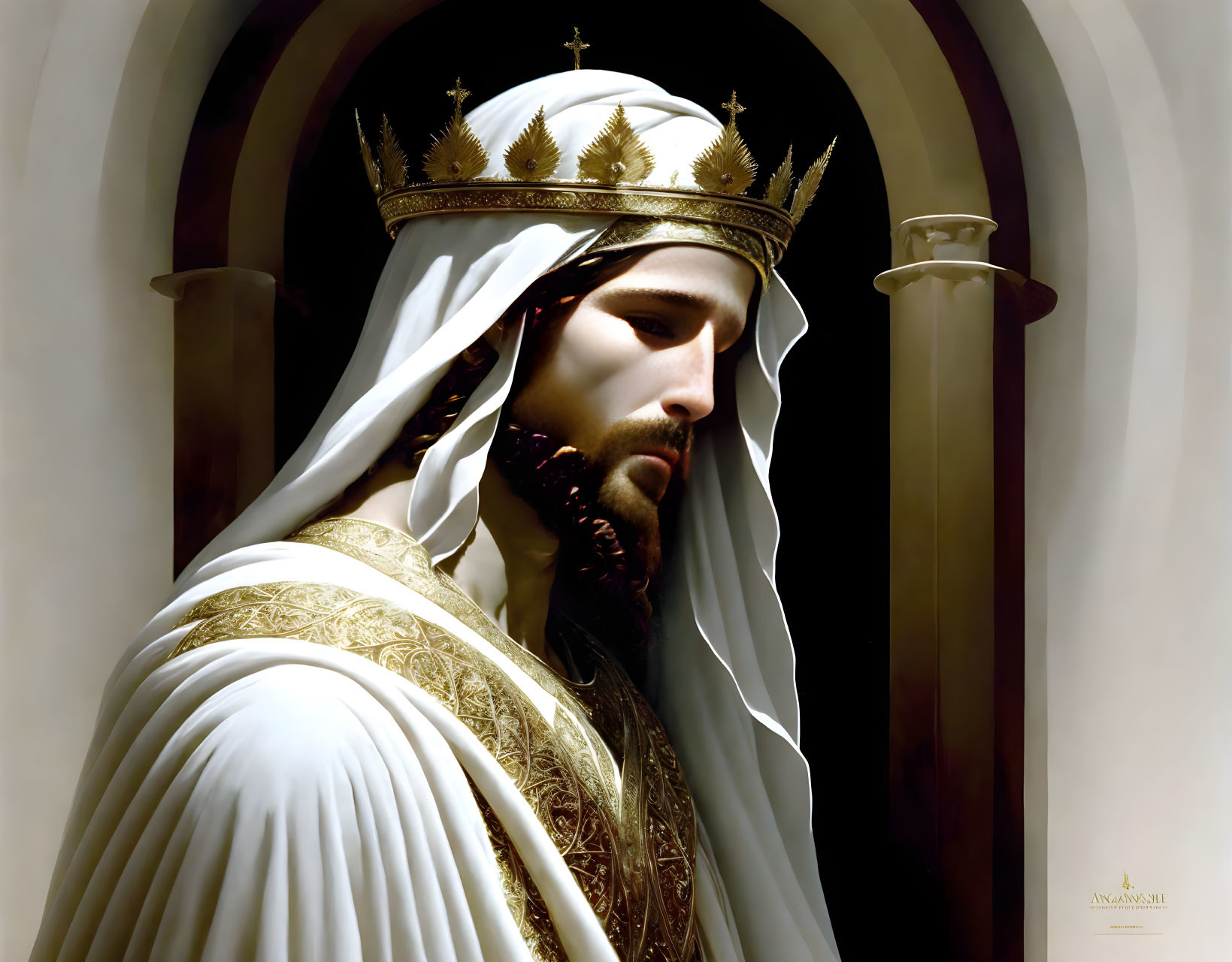 Regal figure in white and gold robe with crown, exuding serene presence