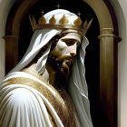 Regal figure in white and gold robe with crown, exuding serene presence