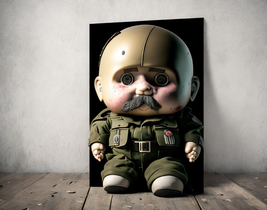 Military Figure Caricature in Vinyl Toy Style on Wooden Floor