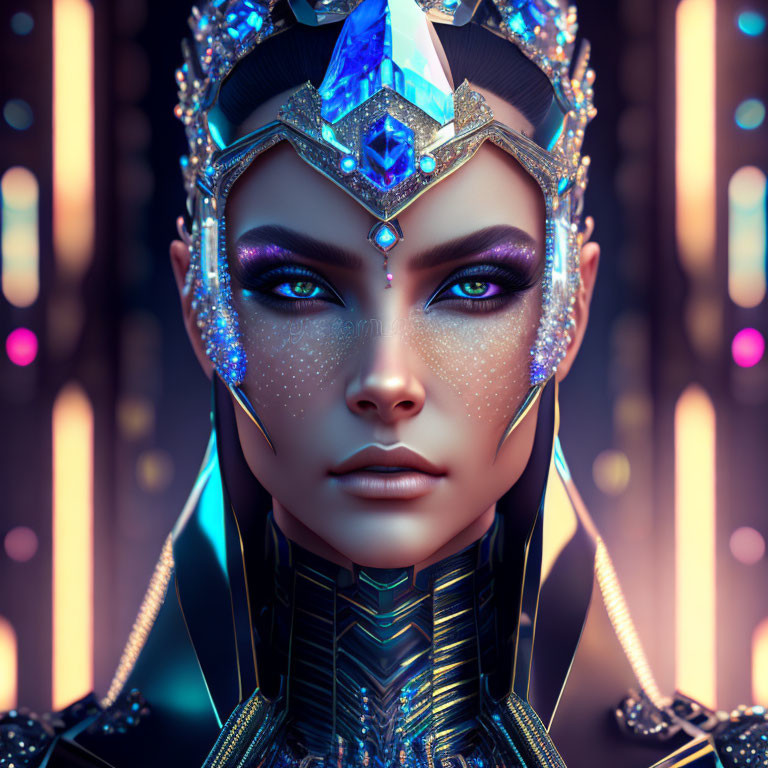 Close-up of woman in gem-encrusted headgear against neon-lit backdrop