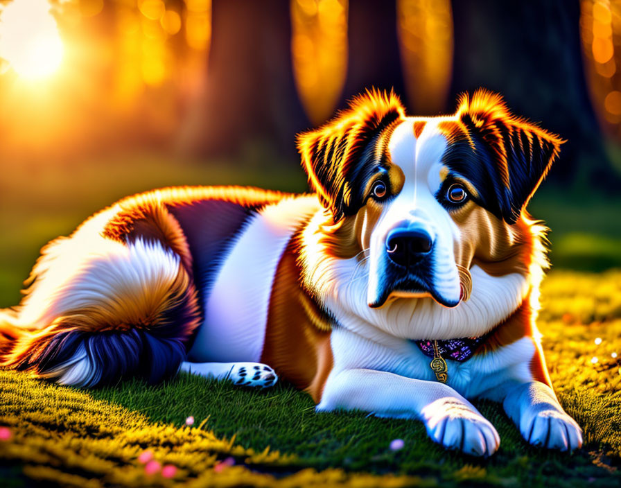 Tricolor Dog Resting on Grass Under Golden Sunlit Sky