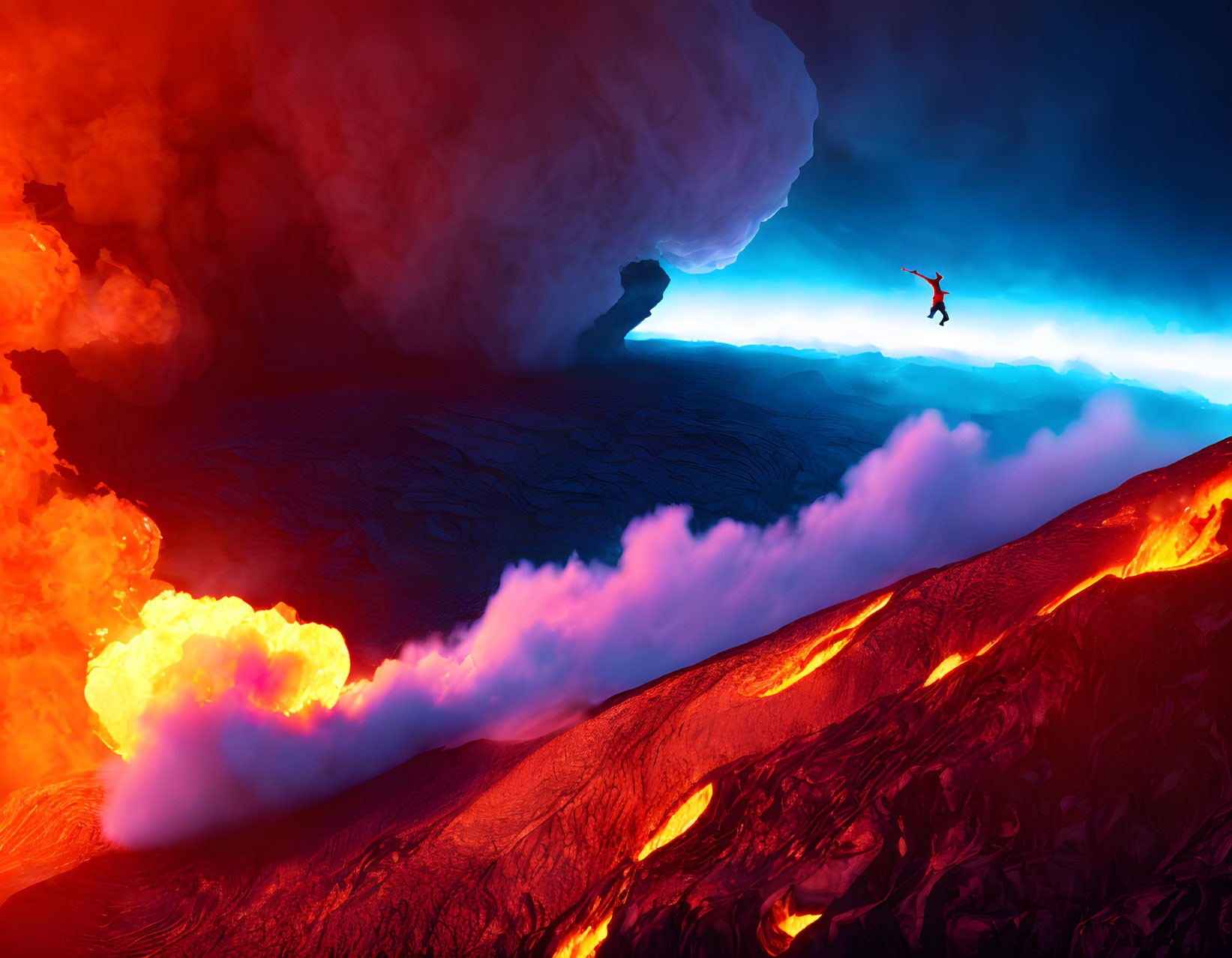 Red Figure Hovering over Fiery Volcanic Landscape with Blue-Glowing Lava