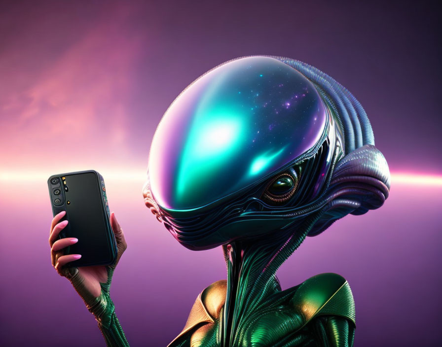 Futuristic teal android holding smartphone on purple background