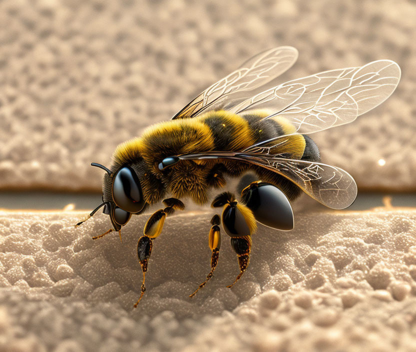 Detailed Close-Up of Bee with Translucent Wings on Beige Surface