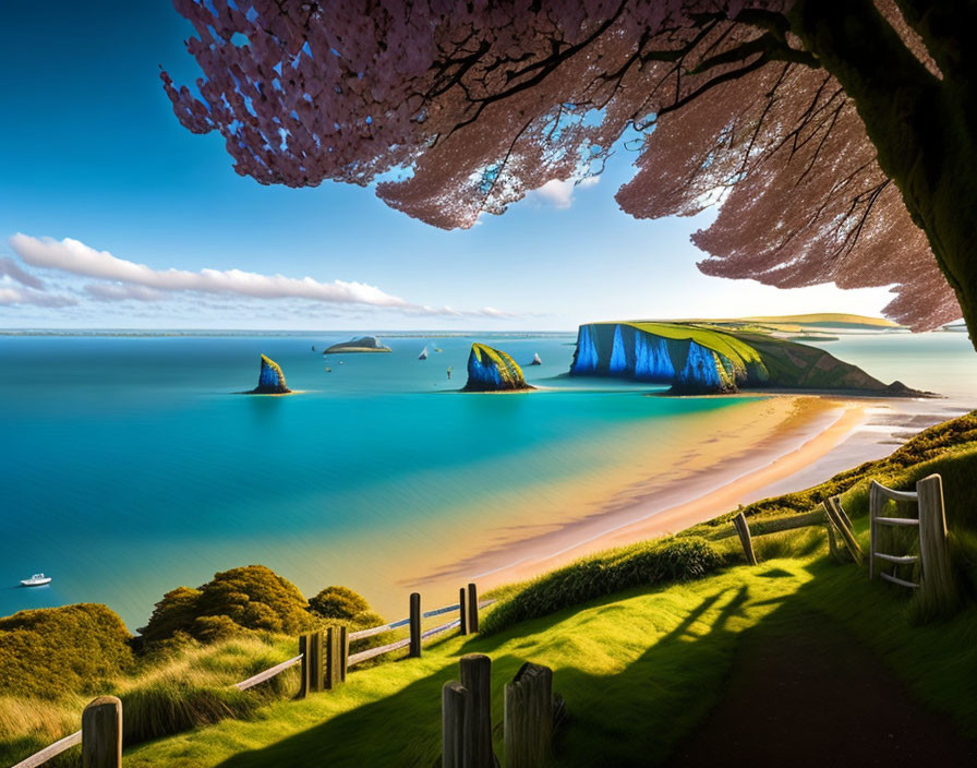 Tranquil beach scene with blue waters, sunlit cliff, cherry blossoms, and clear sky