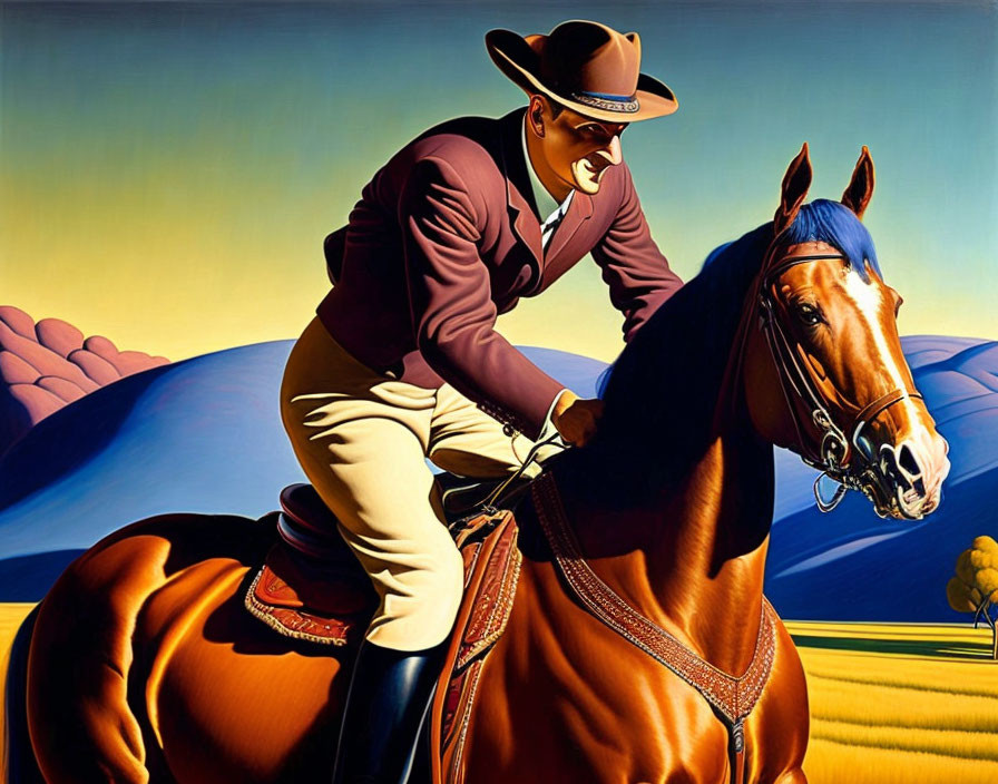 Man in suit and hat riding horse in stylized landscape.