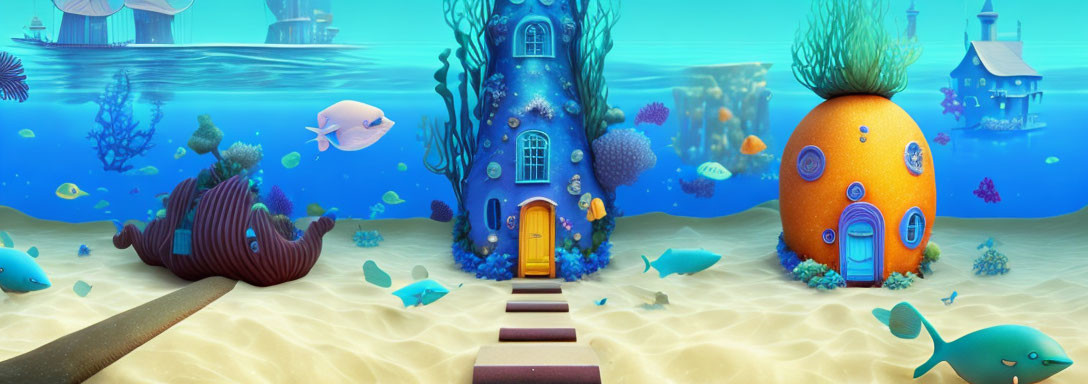 Vibrant Underwater Scene with Whimsical Houses and Marine Life