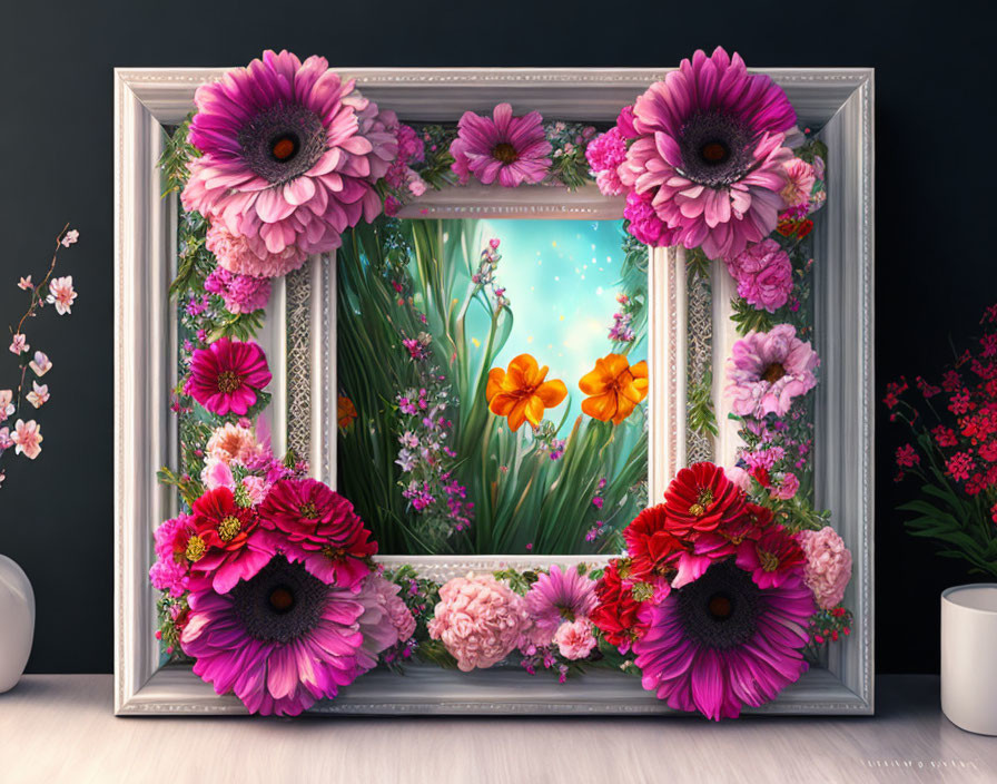 Vibrant Flowers in Ornate Frame: 3D Digital Art Piece