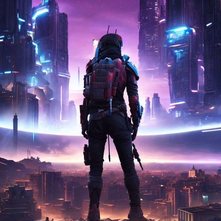 Futuristic armor-clad figure in neon-lit sci-fi cityscape at dusk