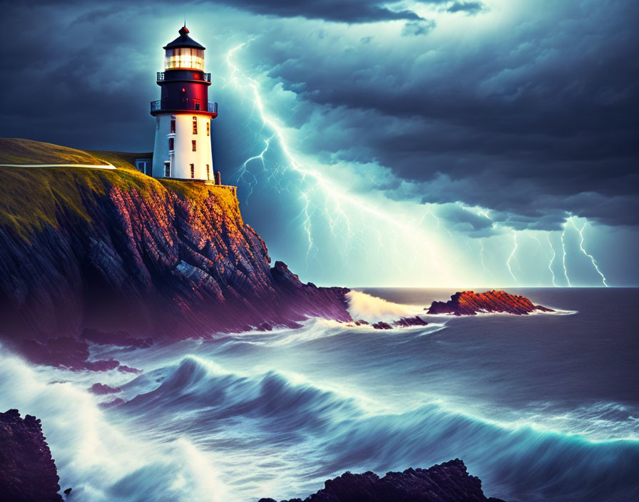 Stormy Sky with Lightning Striking Lighthouse on Cliff