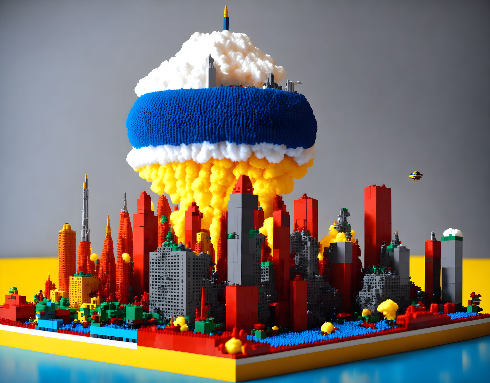 Vibrant LEGO cityscape with skyscrapers and whimsical cloud-like structure