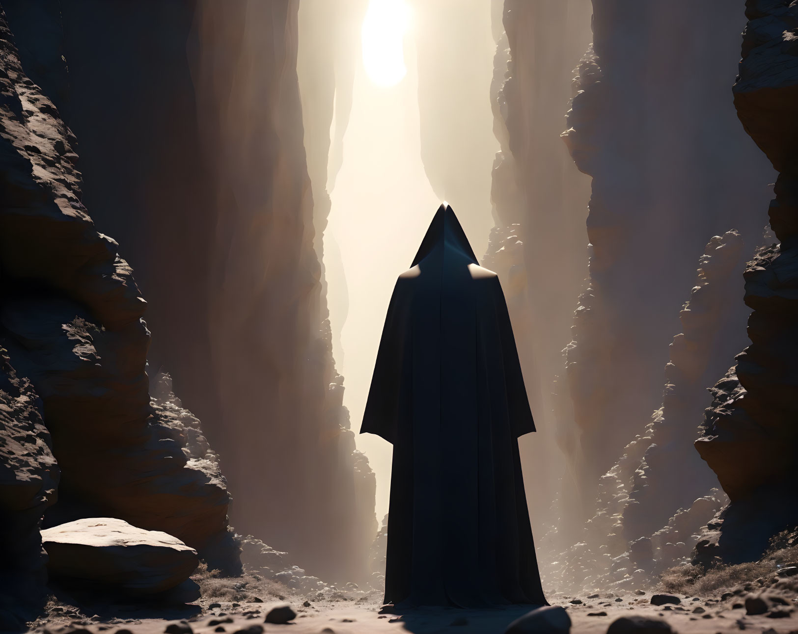 Cloaked figure in sunlit narrow canyon with towering rocky walls