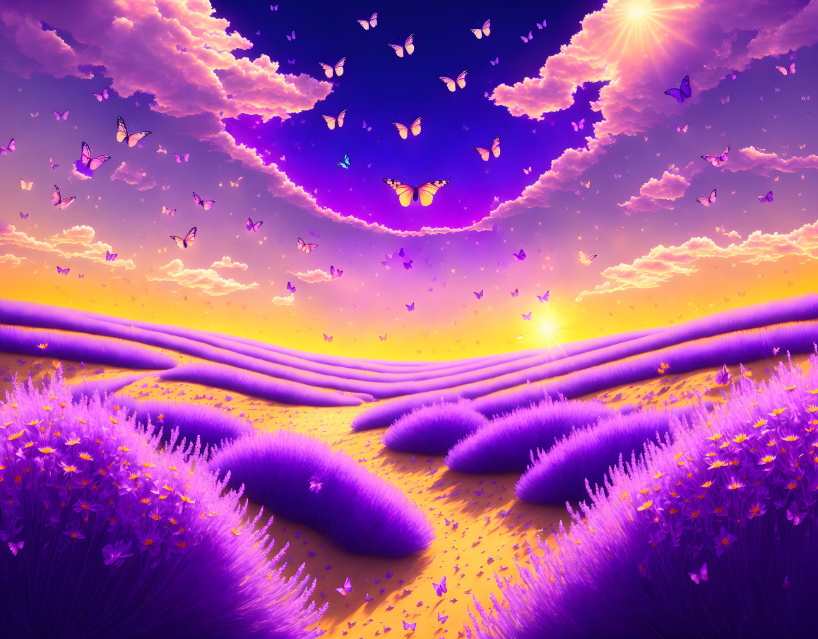 Surreal landscape with purple fields, sunset sky, fluffy clouds, and butterflies