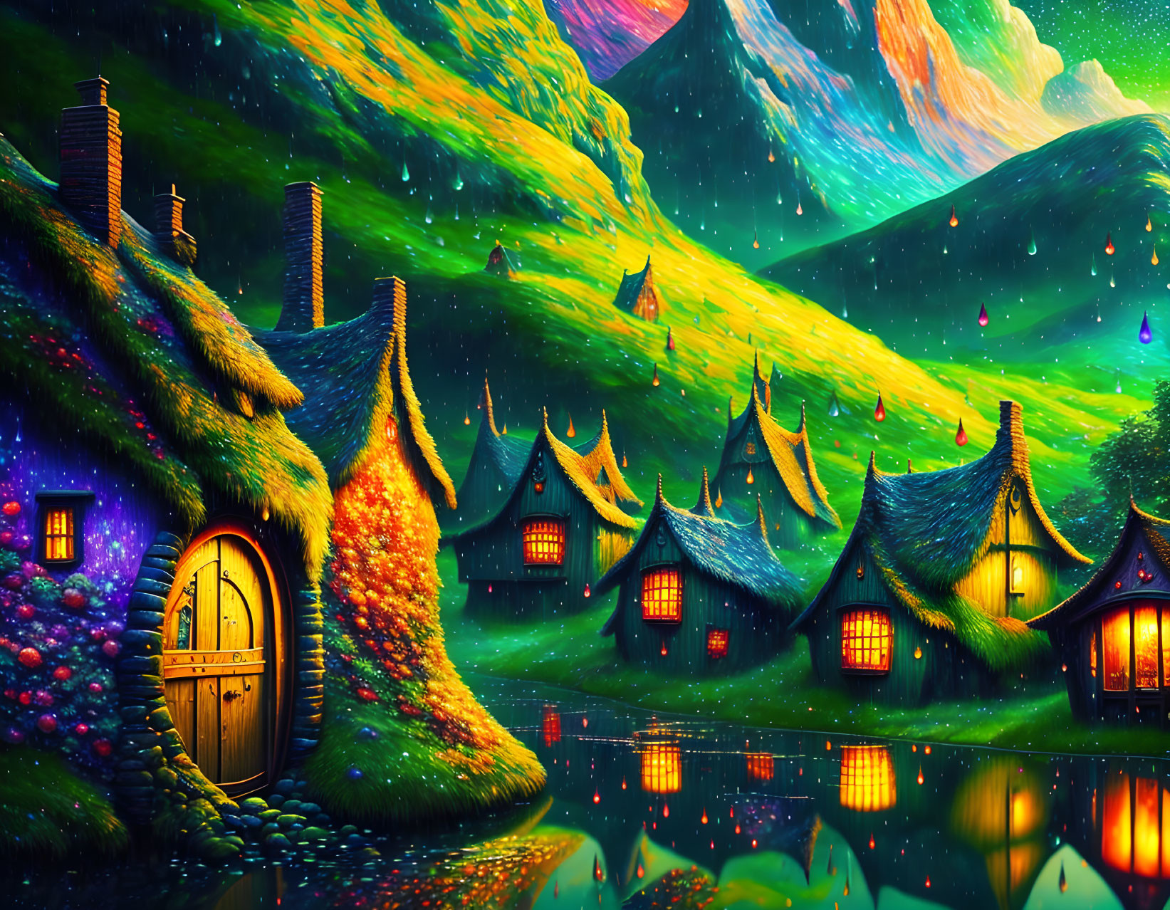 Vibrant nighttime landscape with whimsical glowing houses and starry sky