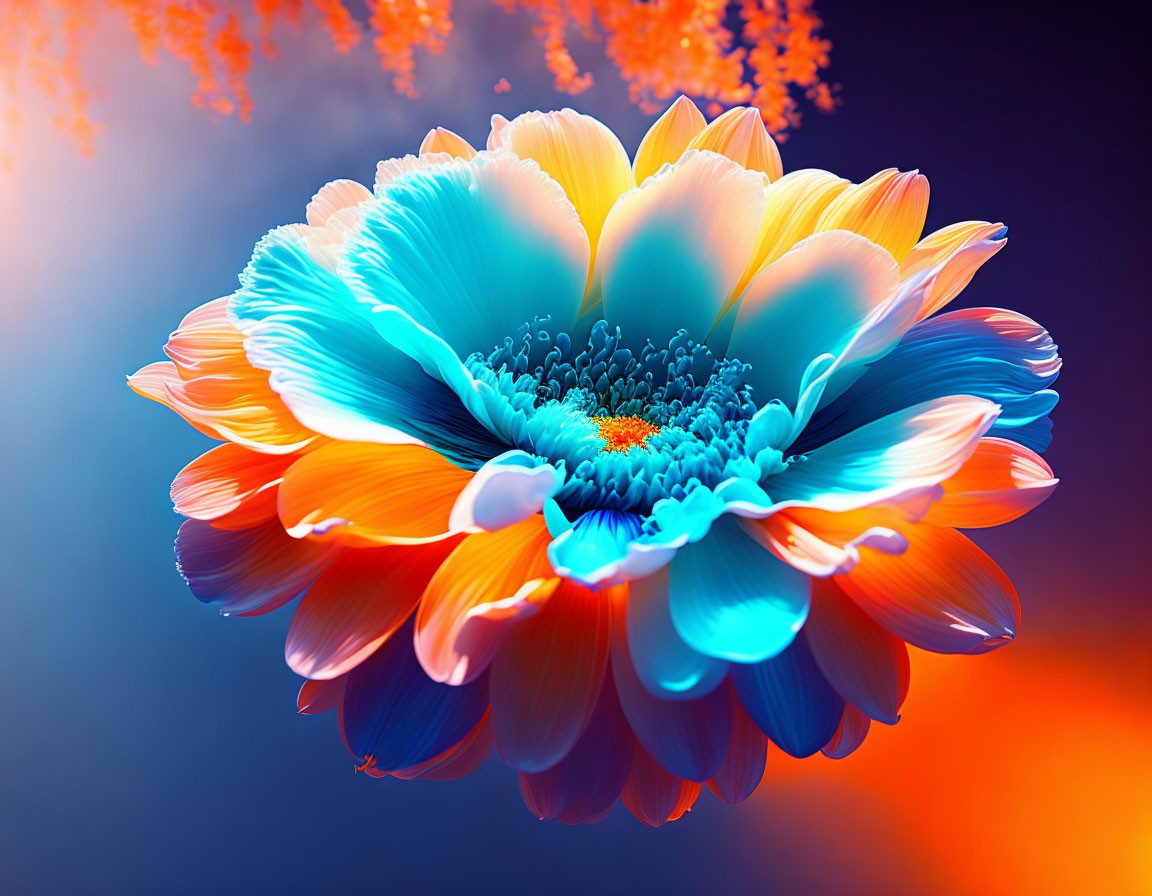 Vivid Blue and Orange Flame-Like Flower on Gradient Background