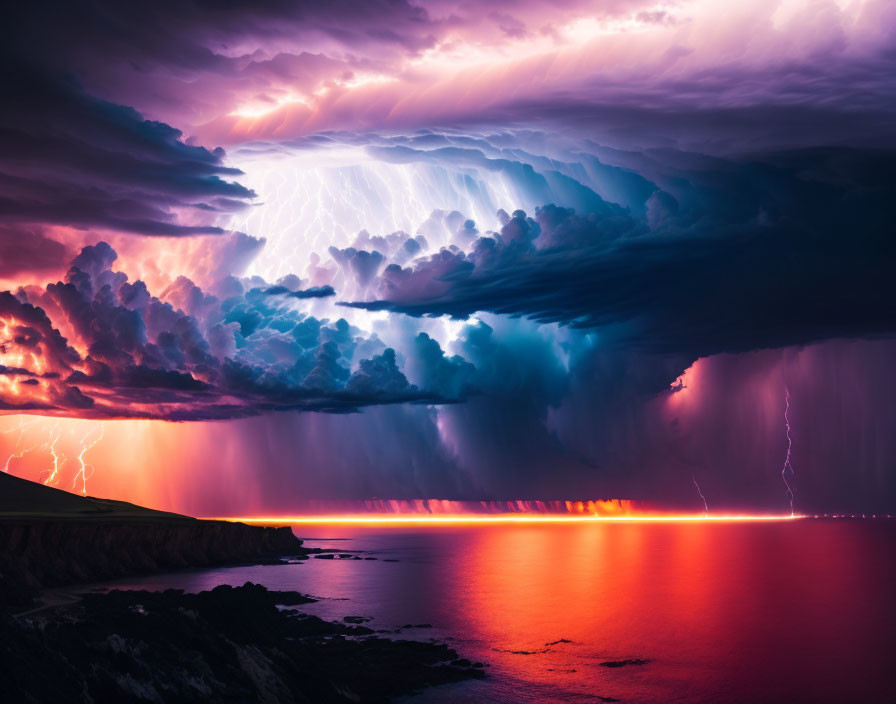 Intense Ocean Thunderstorm with Lightning Strikes