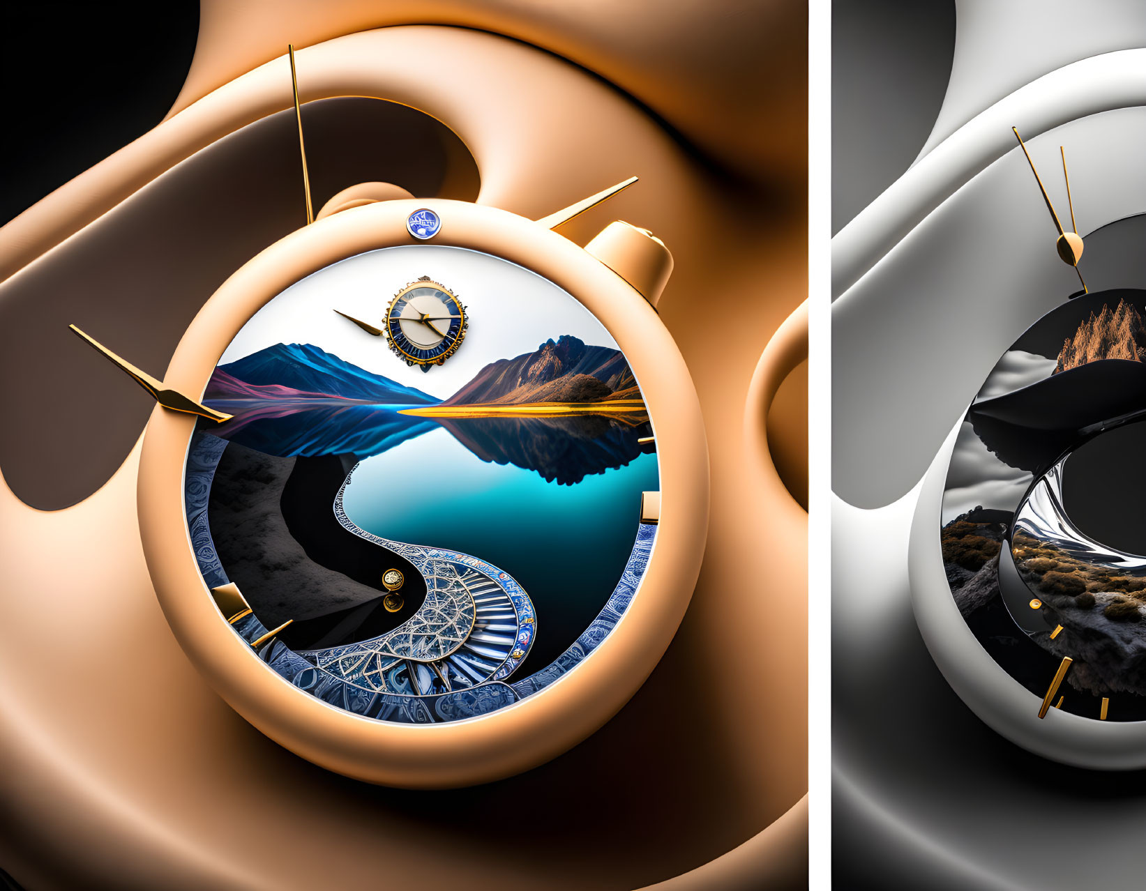 Distorted clock with mountain and river views in surreal artwork