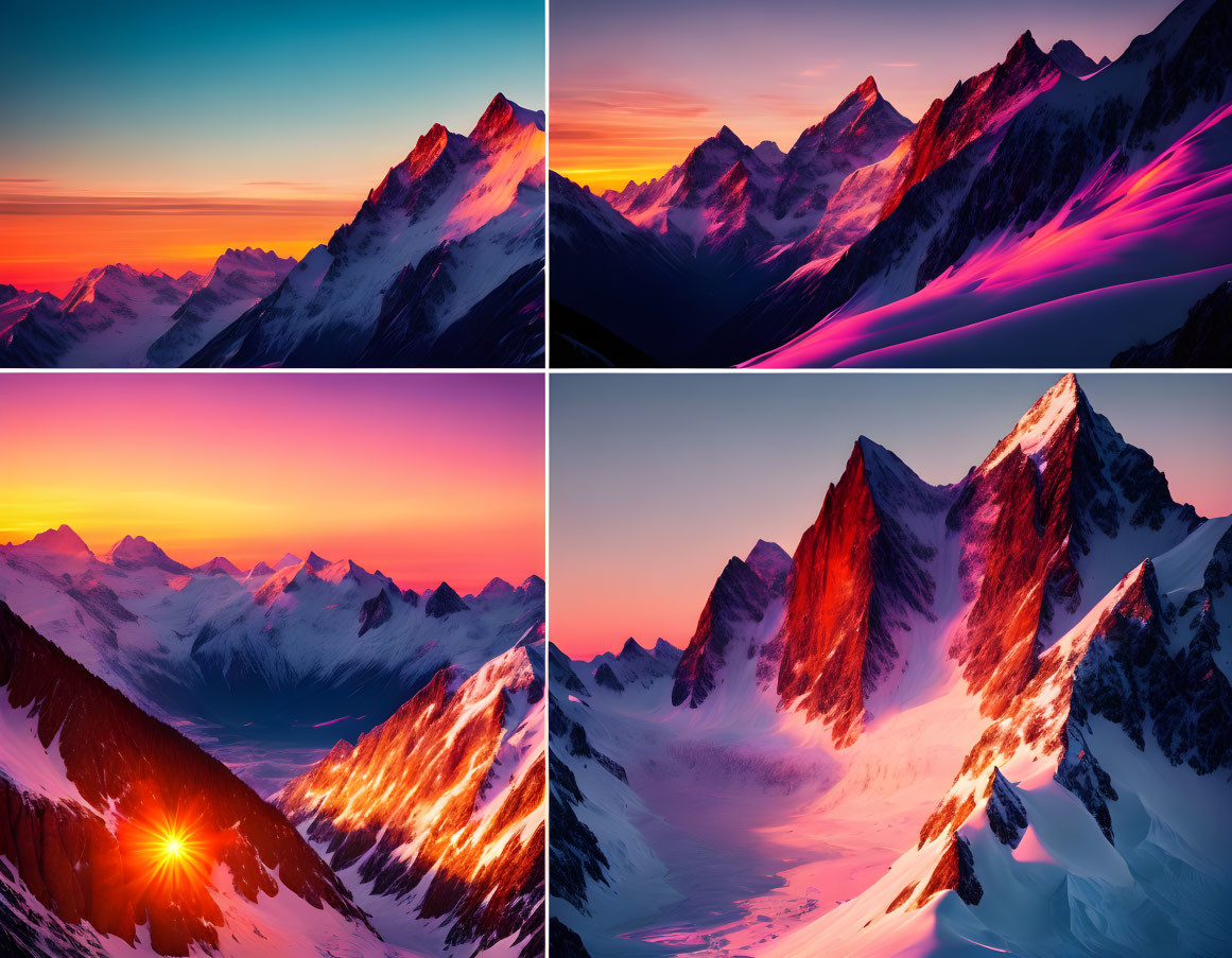 Mountain Peaks: Vibrant Sunrise/Sunset Skies and Snowy Slopes