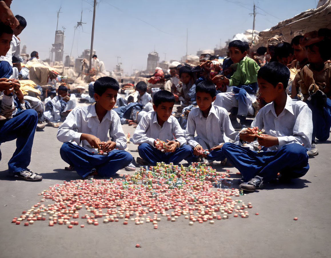 Children sitting in circle with colorful marbles outdoors