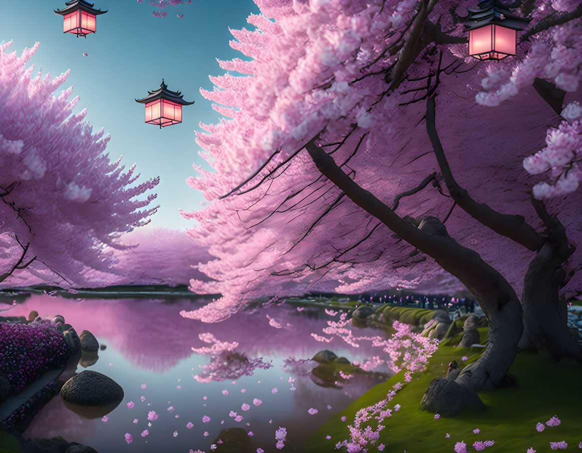 Cherry blossom trees by a lake with red lanterns at twilight