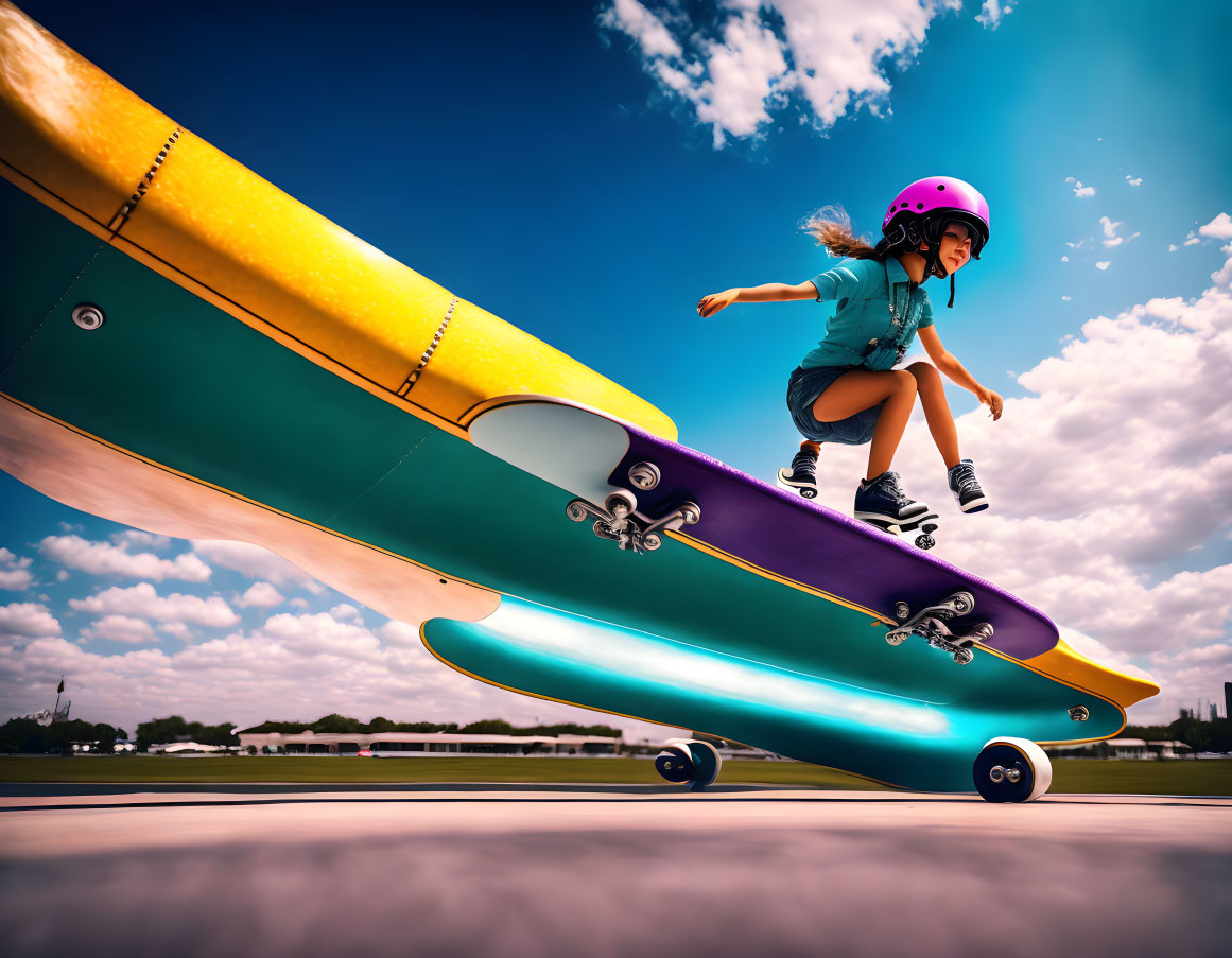 Child in helmet skateboarding under vibrant sky