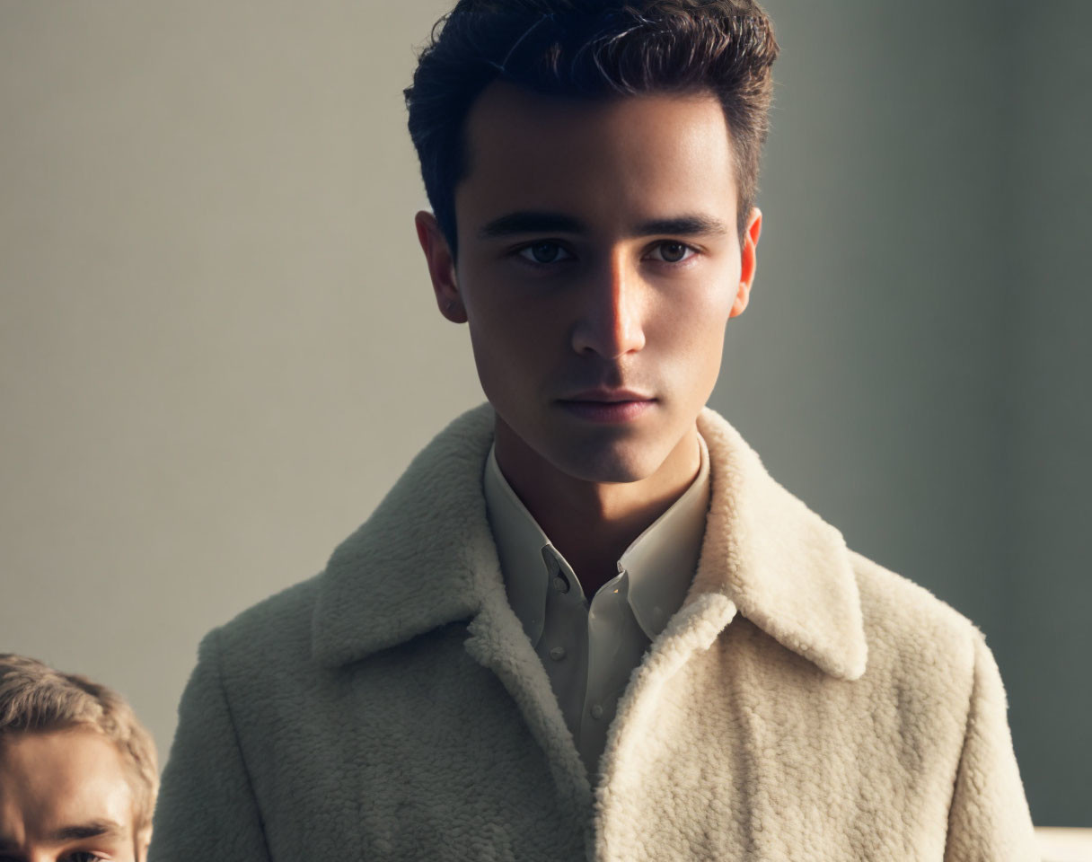 Stylish young man in beige coat with focused gaze and neat hair.