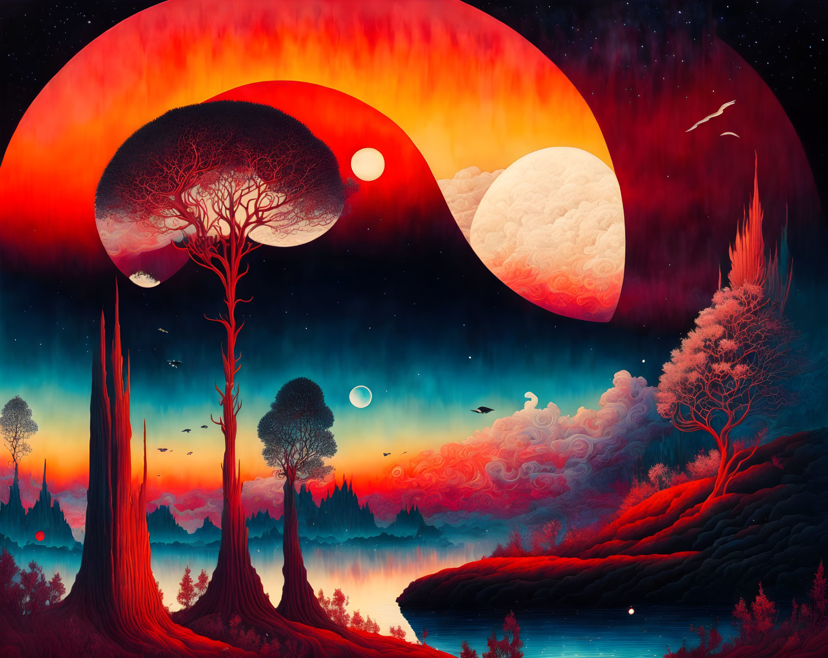 Surreal landscape with giant trees, colorful sky, multiple moons