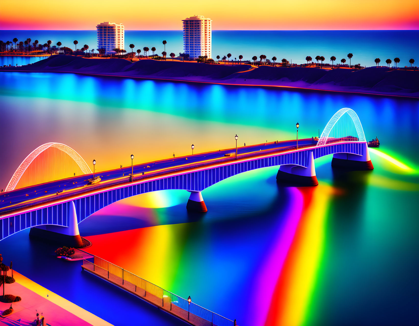 Colorful Rainbow Lights Reflecting on Bridge at Dusk