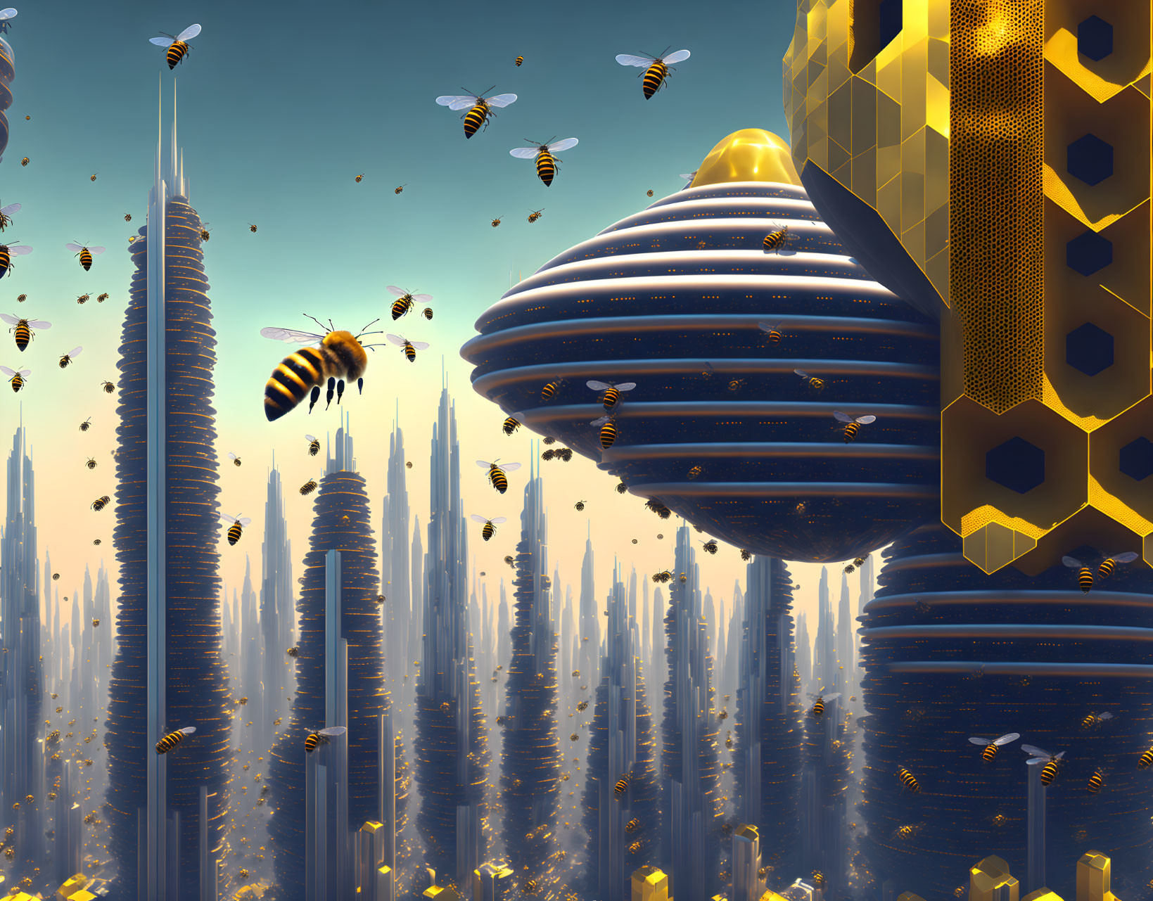 Futuristic cityscape with beehive-like towers and flying bees in golden sky