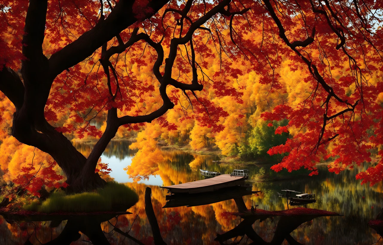 Scenic autumn landscape with red and orange leaves, lake, and wooden dock