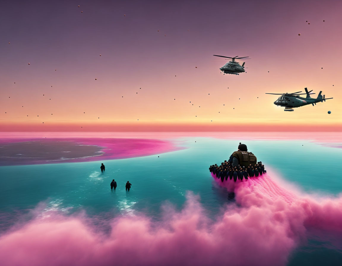 Surreal sunset scene with helicopters over pink and blue landscape