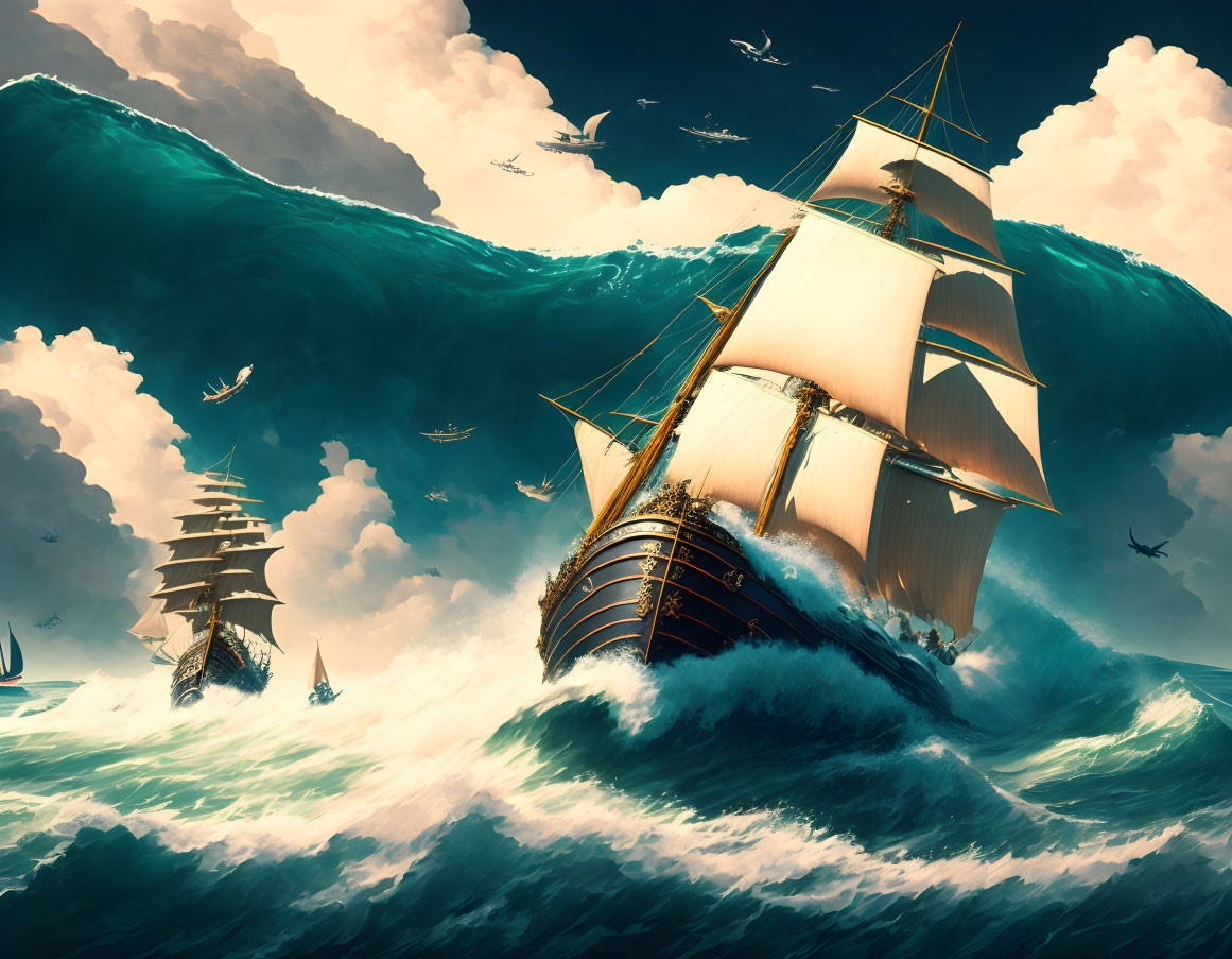 Dramatic tall ships sailing on tumultuous ocean waves