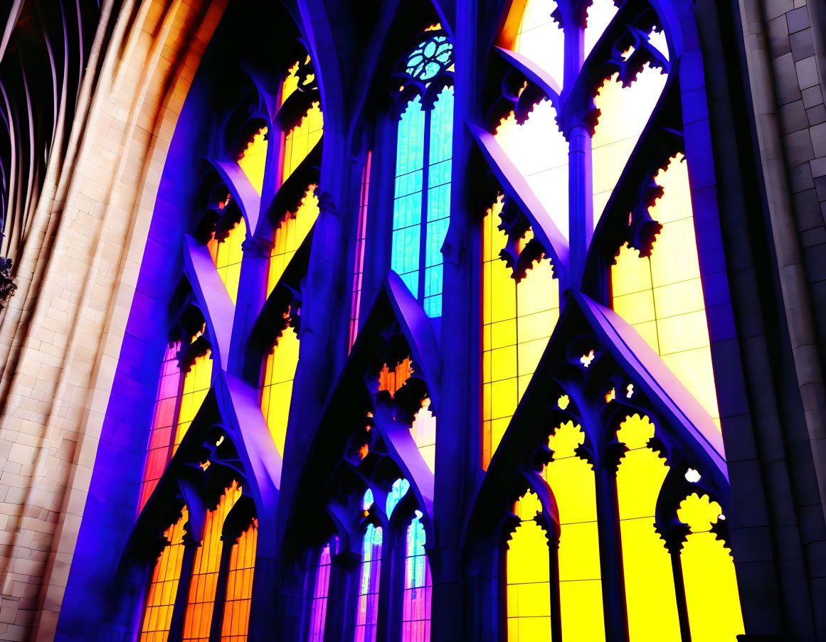 Colorful Gothic arches in cathedral with vibrant stained glass windows