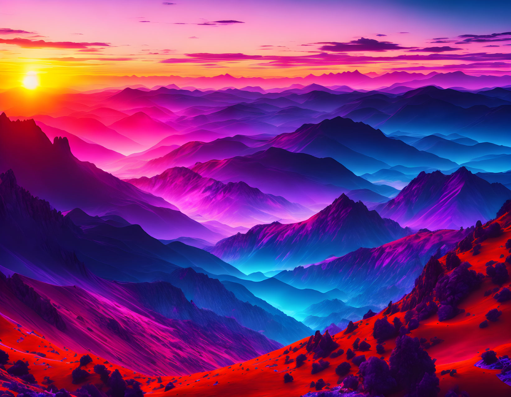 Colorful Sunset Over Layered Mountains in Pink, Purple, and Blue Hues