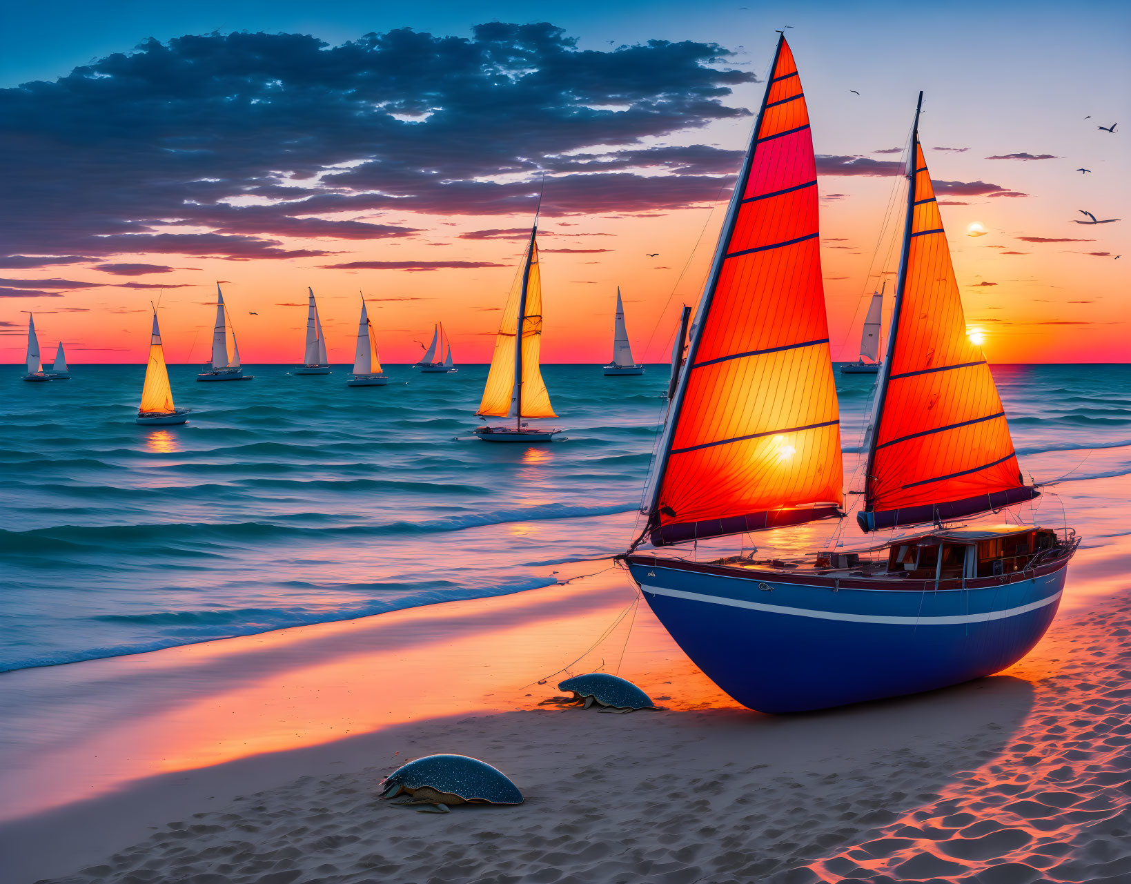 Vibrant sunset scene with colorful sailboats, beach, and turtles