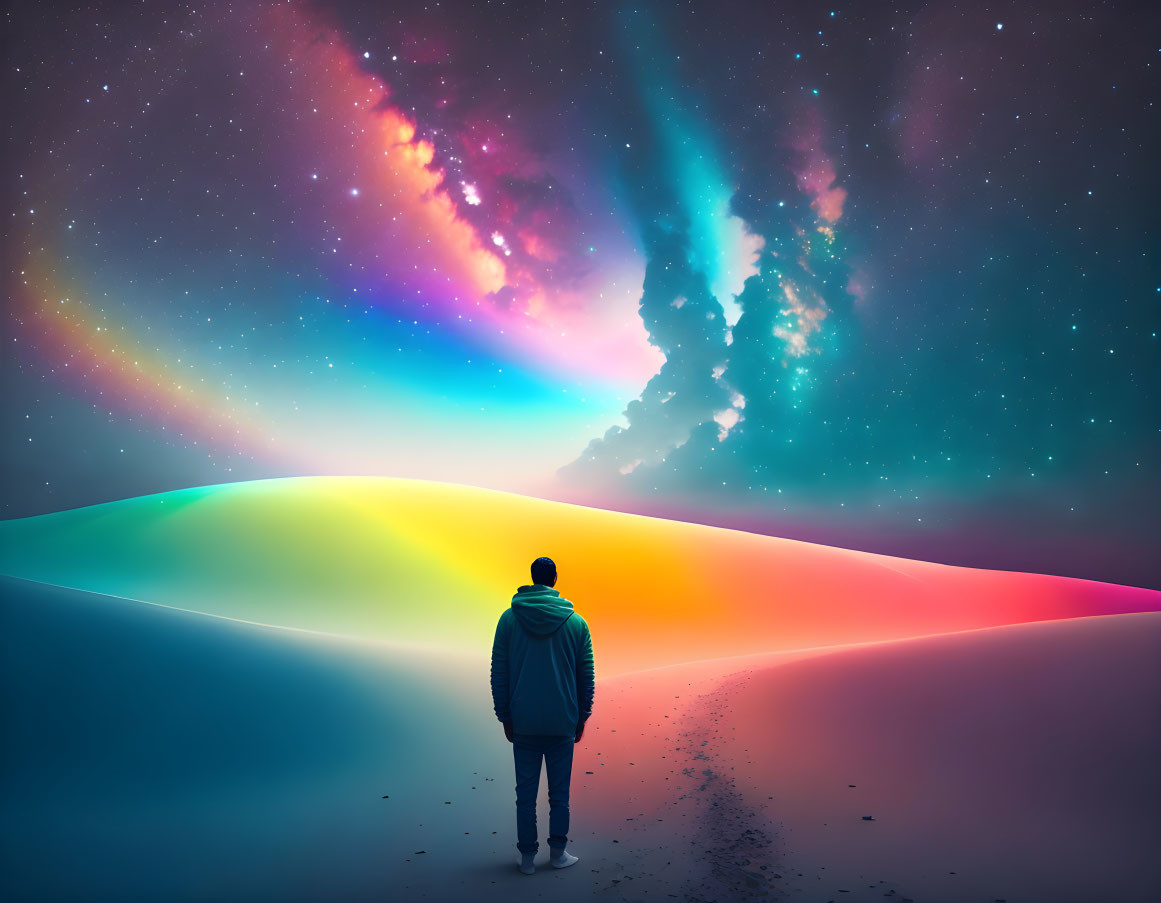 Colorful Sand Dunes with Person under Vibrant Aurora Sky