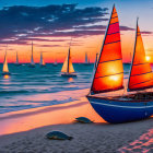 Vibrant sunset scene with colorful sailboats, beach, and turtles