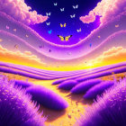 Surreal landscape with purple fields, sunset sky, fluffy clouds, and butterflies