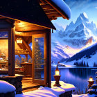 Snowy Lake Cabin: Tranquil Setting with Snow, Pine Trees, and Mountains