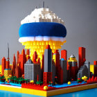 Vibrant LEGO cityscape with skyscrapers and whimsical cloud-like structure