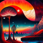 Surreal landscape with giant trees, colorful sky, multiple moons